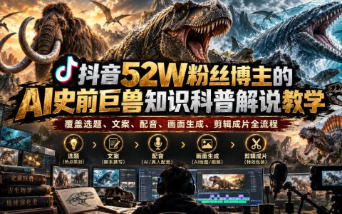 抖音52W粉丝博主AI史前巨兽科普解说全流程教学：选题文案配音画面生成剪辑成片