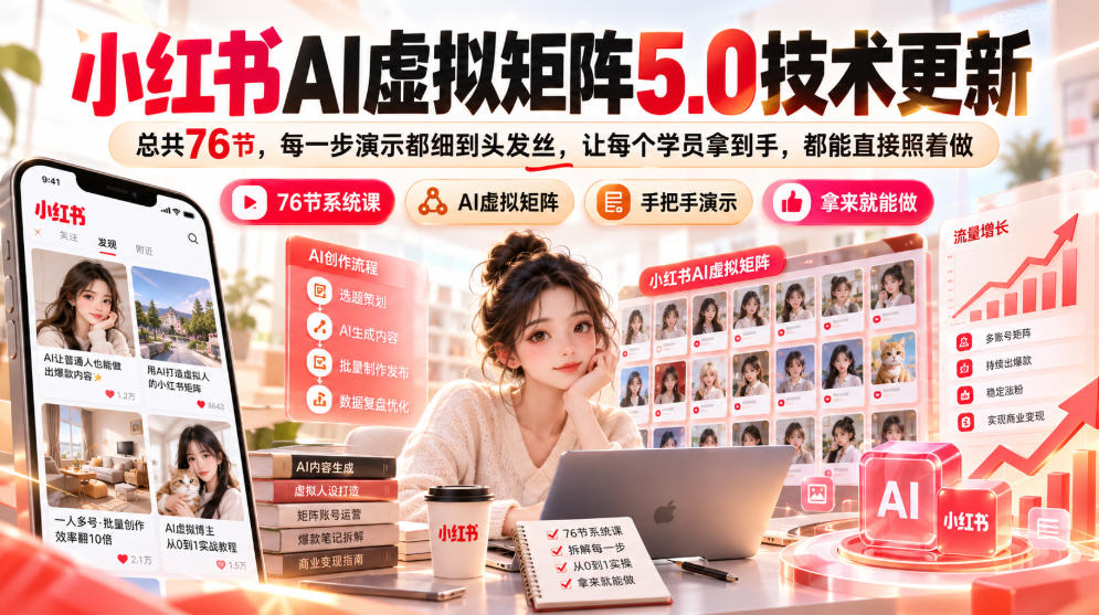小红书AI虚拟矩阵5.0实操课76节AI原创选品搬款发笔记开店运营副业教程