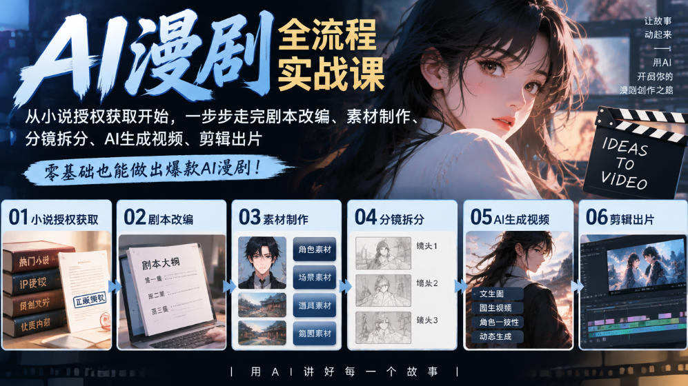 AI漫剧全流程实战课：小说授权到剧本分镜豆包即梦生成剪辑出片