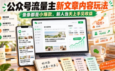 公众号流量主新文章内容玩法，新人当天上手见收益，条条小爆款