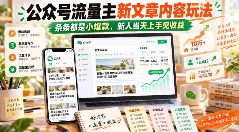 公众号流量主新文章内容玩法，新人当天上手见收益，条条小爆款