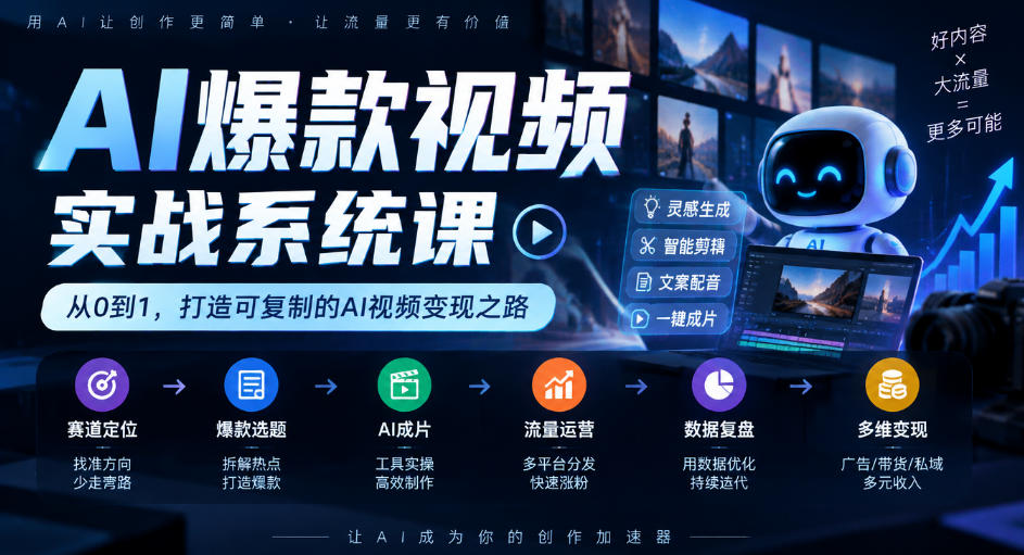 AI爆款视频实战系统课｜赛道定位+爆款选题+AI成片+流量运营+数据复盘+多维变现全链路