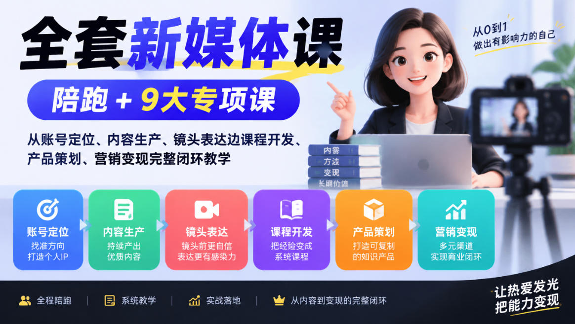 新媒体全栈课｜陪跑+9大专项：账号定位到营销变现闭环