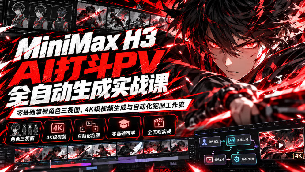 MiniMax H3打斗PV自动化生成课：零基础三视图到4K视频工作流