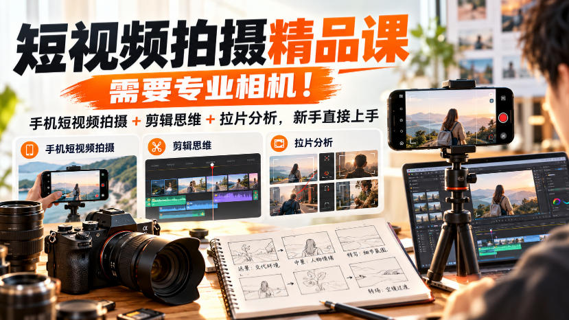 2026 手机短视频拍摄剪辑课：零基础学运镜构图与拉片分析