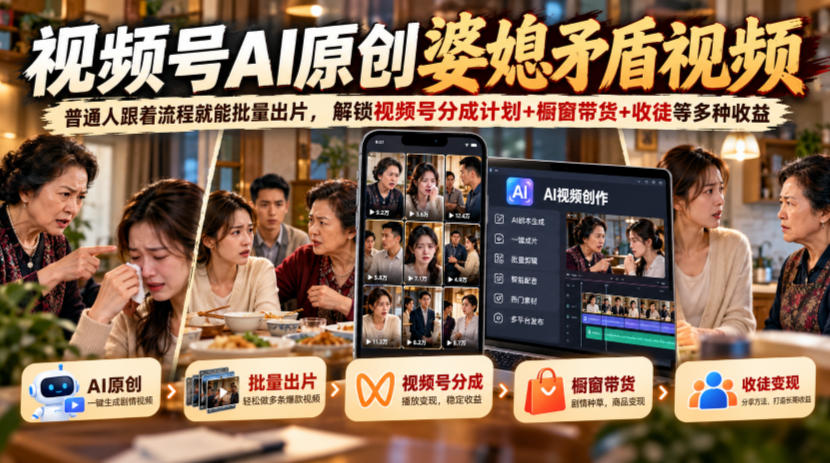视频号AI婆媳矛盾视频教程，普通人批量出片解锁分成带货收徒