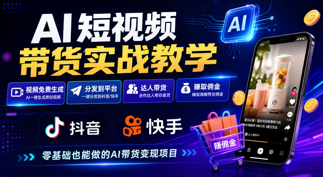 AI短视频带货实战教学：手机免费生成视频，分发抖音快手达人赚佣金