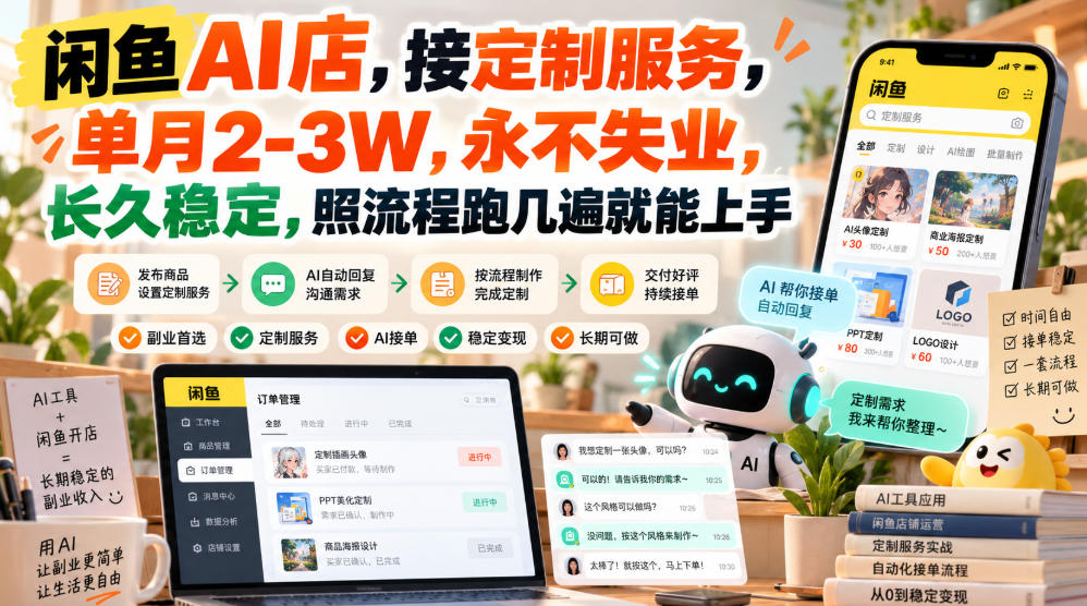 闲鱼AI定制服务接单教程，0基础手机开店变现2-3W