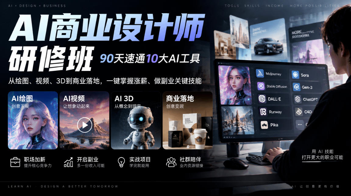 AI商业设计师研修班：90天速通10大AI工具，绘图视频3D商业落地变现