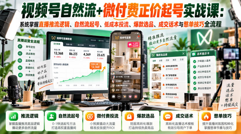 视频号自然流+微付费起号实战课：推流逻辑/投流/选品/话术全流程
