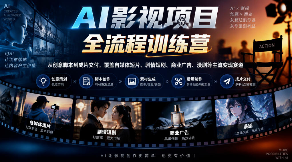 AI影视全流程训练营:剪映PR+提示词分镜,短剧广告漫剧接单变现 AI影视全流程训练营:剪映PR+提示词分镜,短剧广告漫剧接单变现
