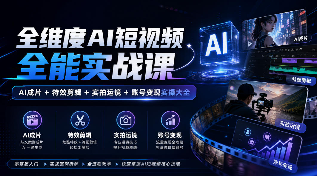 AI短视频全能实战课：豆包+即梦AI成片剪辑特效实拍变现实操大全