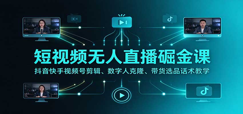 短视频无人直播掘金课：抖音快手视频号剪辑、数字人克隆、带货选品话术与橱窗开通实操教学