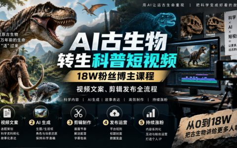 AI古生物转生短视频教程：18W粉博主文案剪辑发布全流程