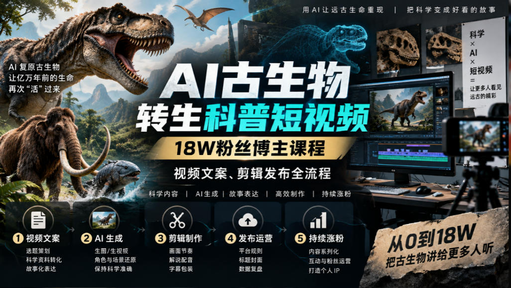 AI古生物转生短视频教程：18W粉博主文案剪辑发布全流程