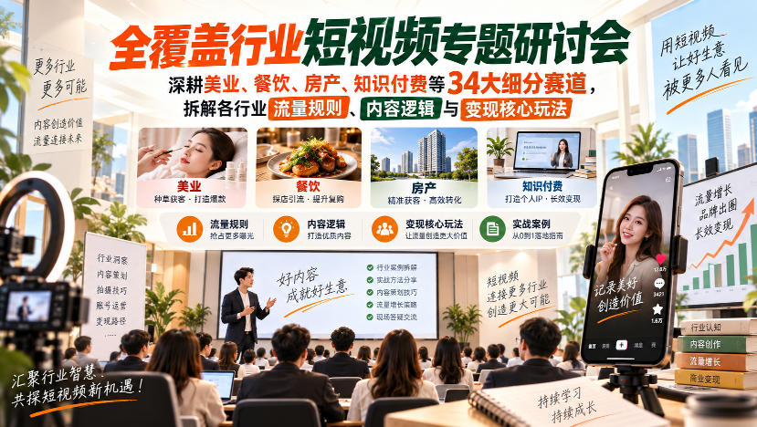短视频34大细分赛道专题研讨会：美业餐饮房产知识付费流量规则与变现玩法拆解