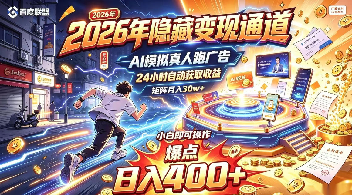 2026年AI自动跑广告变现教程，小白变现400方法矩阵变现30w