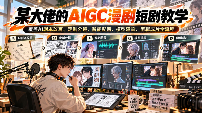 AIGC漫剧短剧全流程教学：AI剧本分镜配音渲染剪辑零基础实战