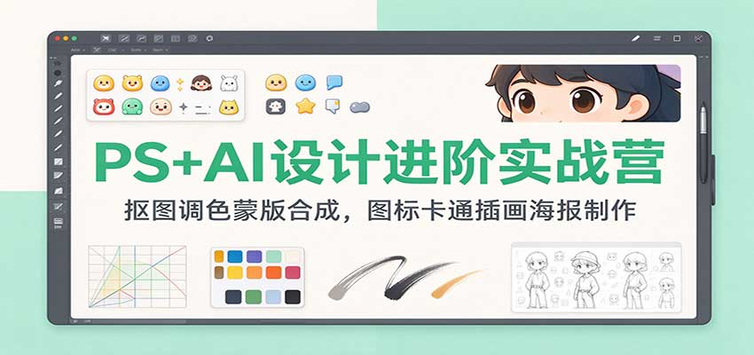 PS+AI设计进阶实战营：抠图调色蒙版合成，图标插画海报制作