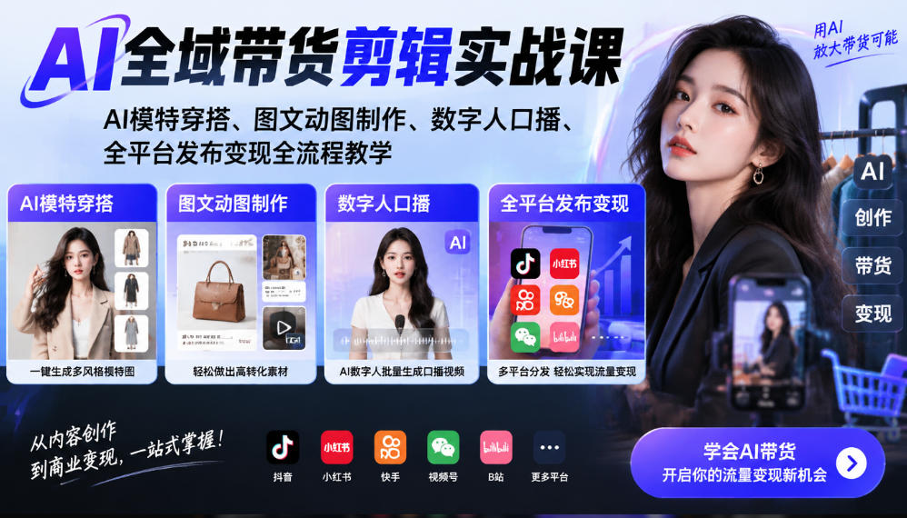 AI模特穿搭+数字人口播带货剪辑课，零基础全平台变现