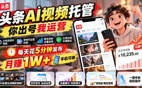 头条AI视频托管代运营：每天5分钟手机发布，变现1W+副业实操，0基础可做