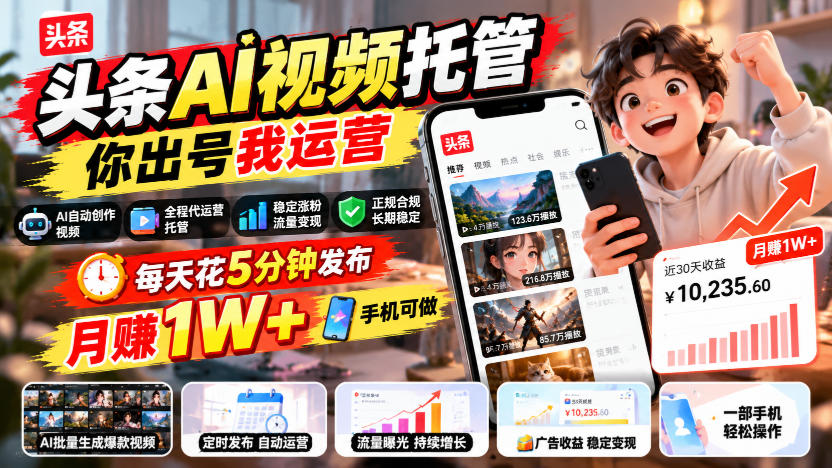 头条AI视频托管代运营：每天5分钟手机发布，变现1W+副业实操，0基础可做