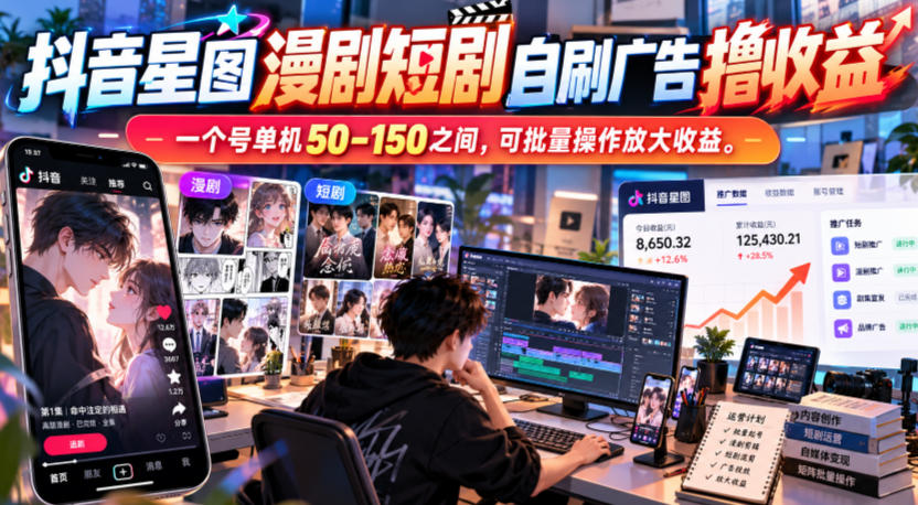 抖音星图漫剧短剧自刷广告撸收益 单机50-150可批量放大