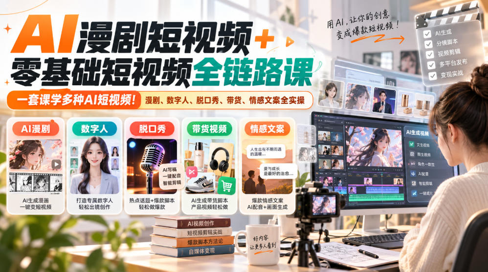 零基础AI短视频全链路课:漫剧/数字人/带货/脱口秀实操,多赛道变现 零基础AI短视频全链路课:漫剧/数字人/带货/脱口秀实操,多赛道变现