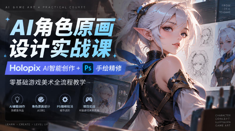 零基础AI角色原画实战：Holopix AI+PS游戏美术全流程