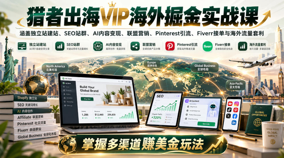 猎者出海VIP实战课：独立站SEO站群AI变现联盟营销Pinterest引流Fiverr接单海外流量套利