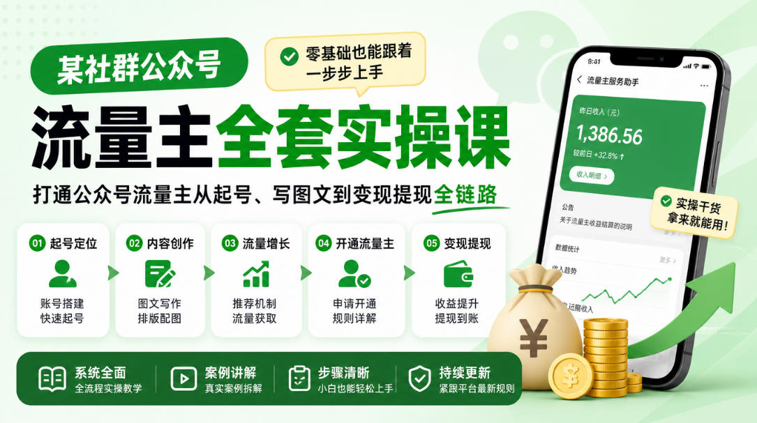 2026 公众号流量主实操课：零基础起号写图文到提现全流程