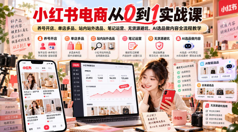 小红书电商0基础实战：养号开店选品笔记运营AI提效无货源避坑