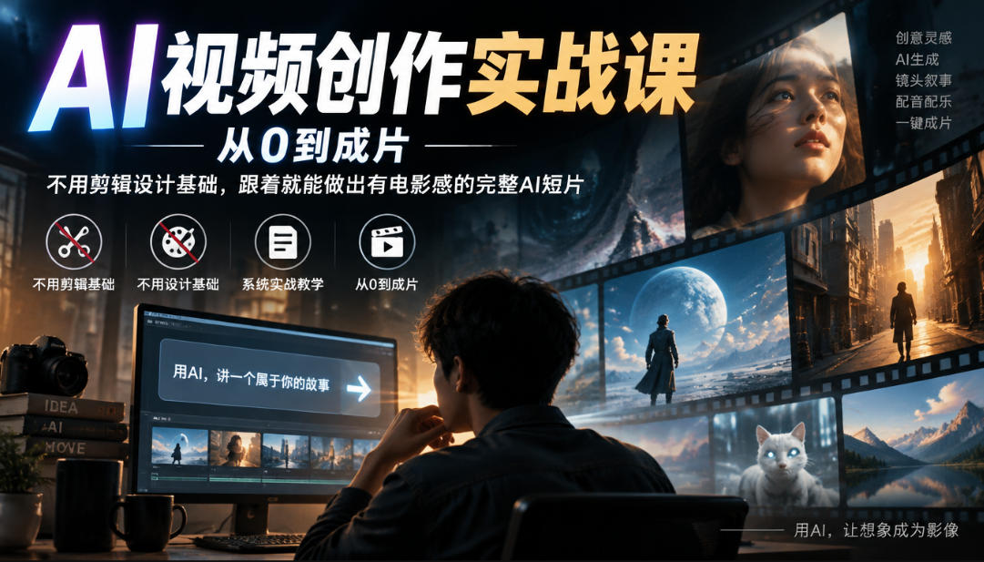 AI视频创作实战课：27节零基础从0到成片，军事/水墨/机甲三大题材做出电影感AI短片