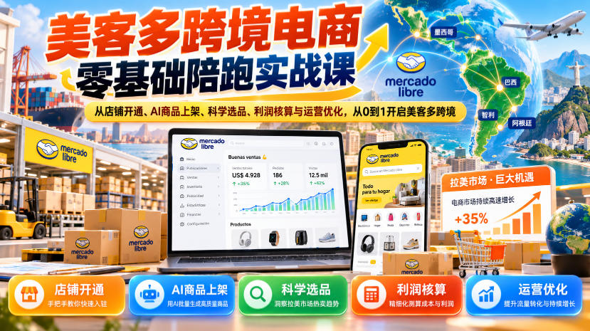美客多零基础陪跑课：AI上架+16种选品+利润核算