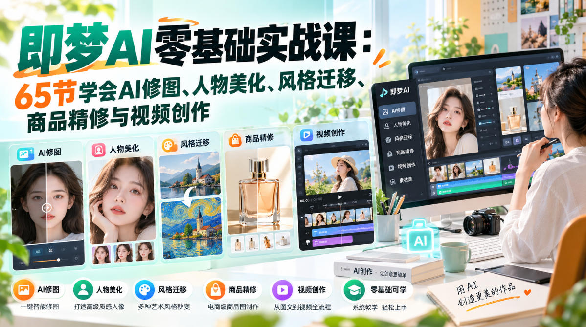 即梦AI零基础实战课：65节掌握AI修图、人物美化、风格迁移、商品精修与视频创作