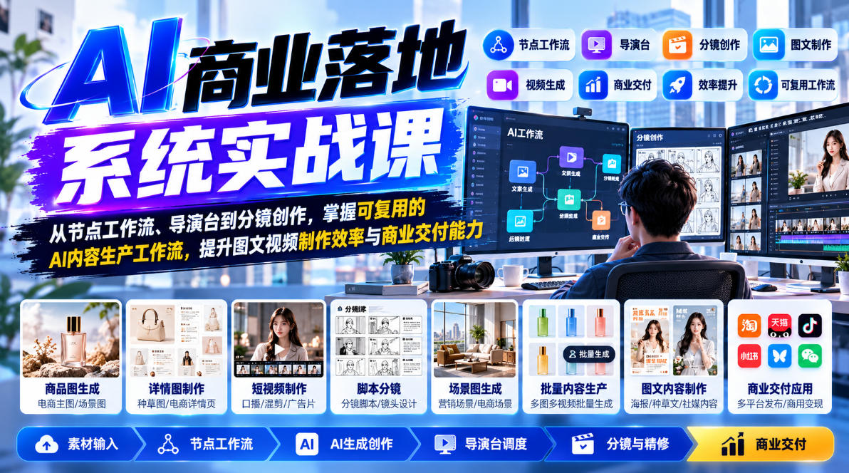 AI商业落地实战课：节点工作流+导演台+分镜，掌握电商图文视频生产工作流