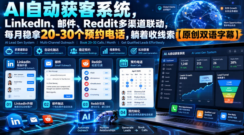 AI自动获客系统：LinkedIn邮件Reddit多渠道联动，每月稳拿20-30个预约电话