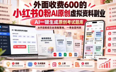 小红书0粉AI虚拟资料副业：AI一键生成原创考试题库开店成交全流程