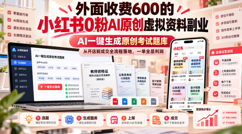 小红书0粉AI虚拟资料副业:AI一键生成原创考试题库开店成交全流程 小红书0粉AI虚拟资料副业:AI一键生成原创考试题库开店成交全流程