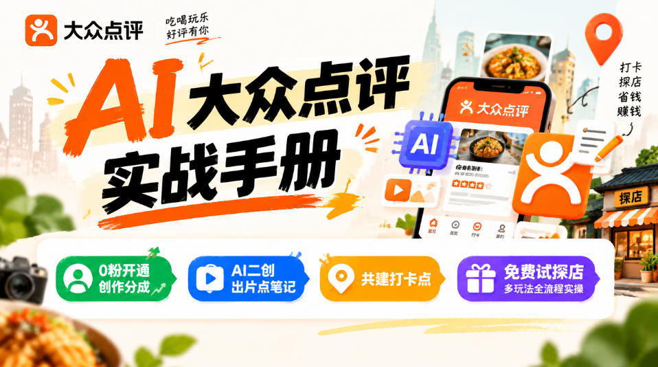 大众点评AI实战：0粉开创作分成+AI二创出片点笔记全流程