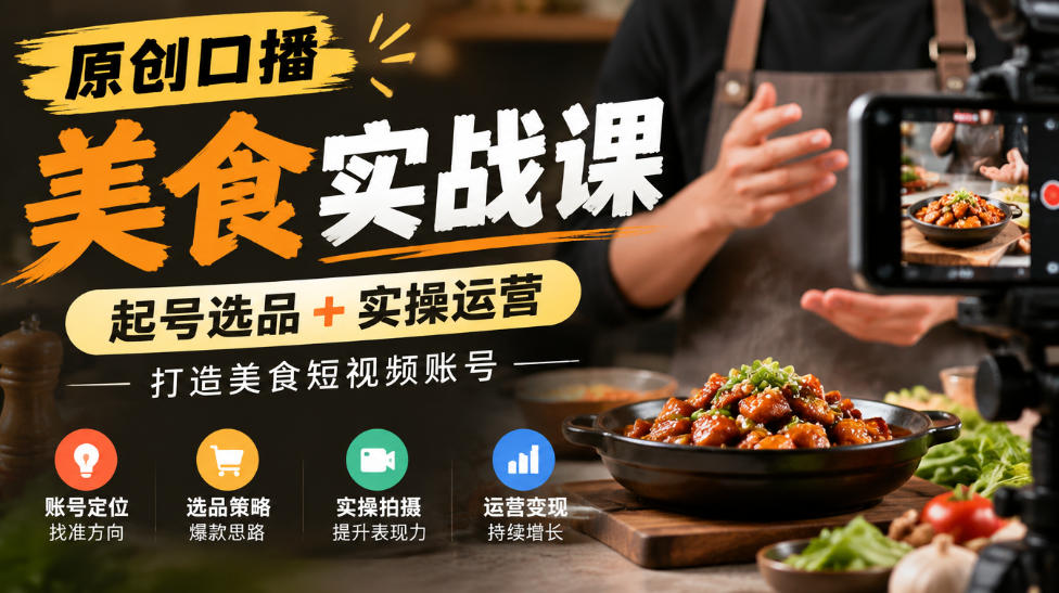 原创口播美食实战课：起号选品+拍摄剪辑+账号运营全攻略