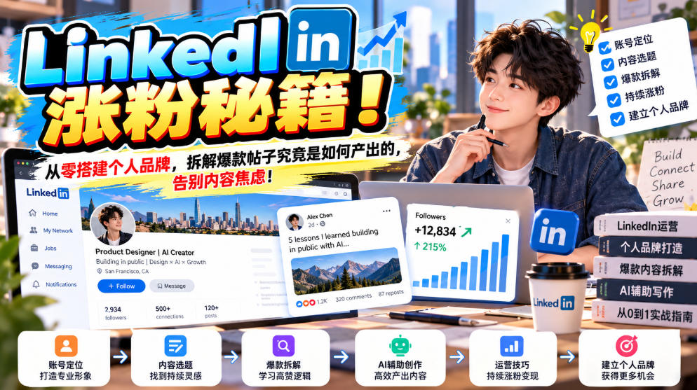 LinkedIn涨粉秘籍：130+模板拆解爆款帖子，零基础搭建个人品牌告别内容焦虑【双语字幕】