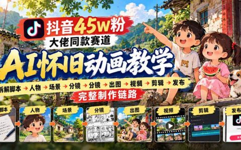 抖音45W粉同款AI怀旧动画实战课：脚本分镜+人物场景+出图剪辑发布全流程