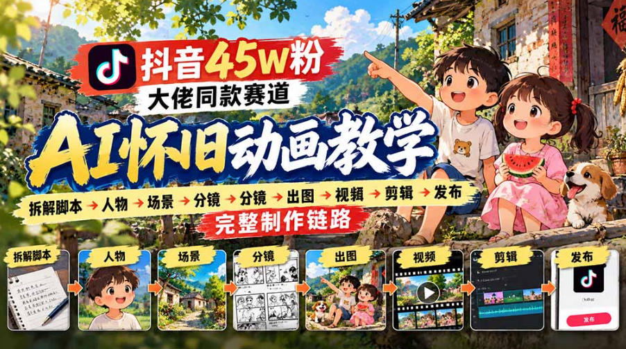 抖音45W粉同款AI怀旧动画实战课：脚本分镜+人物场景+出图剪辑发布全流程