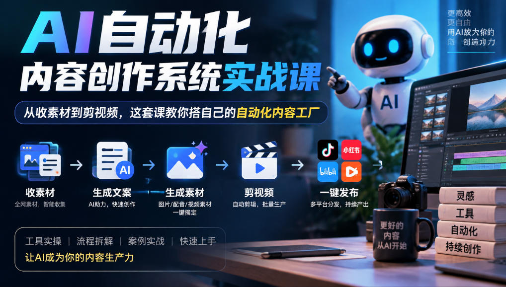 AI自动化内容创作系统实战课：从素材收集到ChatCut自动剪视频搭内容工厂