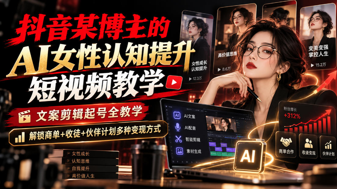 AI女性认知短视频教学：文案剪辑起号全攻略，商单收徒伙伴计划变现