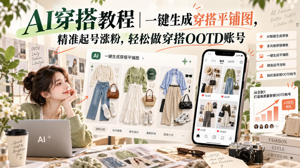 AI穿搭教程｜一键生成OOTD平铺图，新手起号涨粉做穿搭账号
