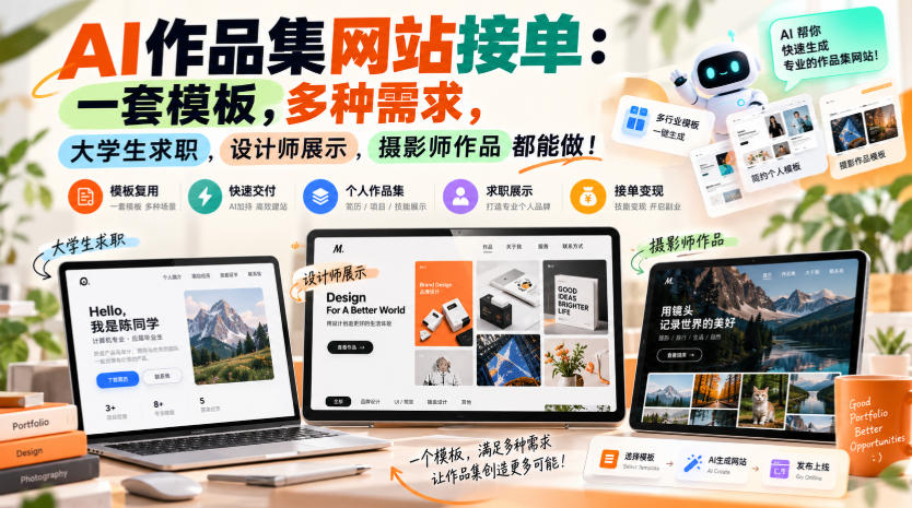 AI作品集网站接单教程：一套模板搞定大学生求职、设计师展示与摄影师作品集建站