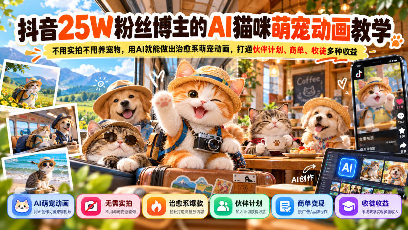 抖音25W粉博主AI猫咪萌宠动画课 零实拍养宠 打通伙伴计划商单收徒
