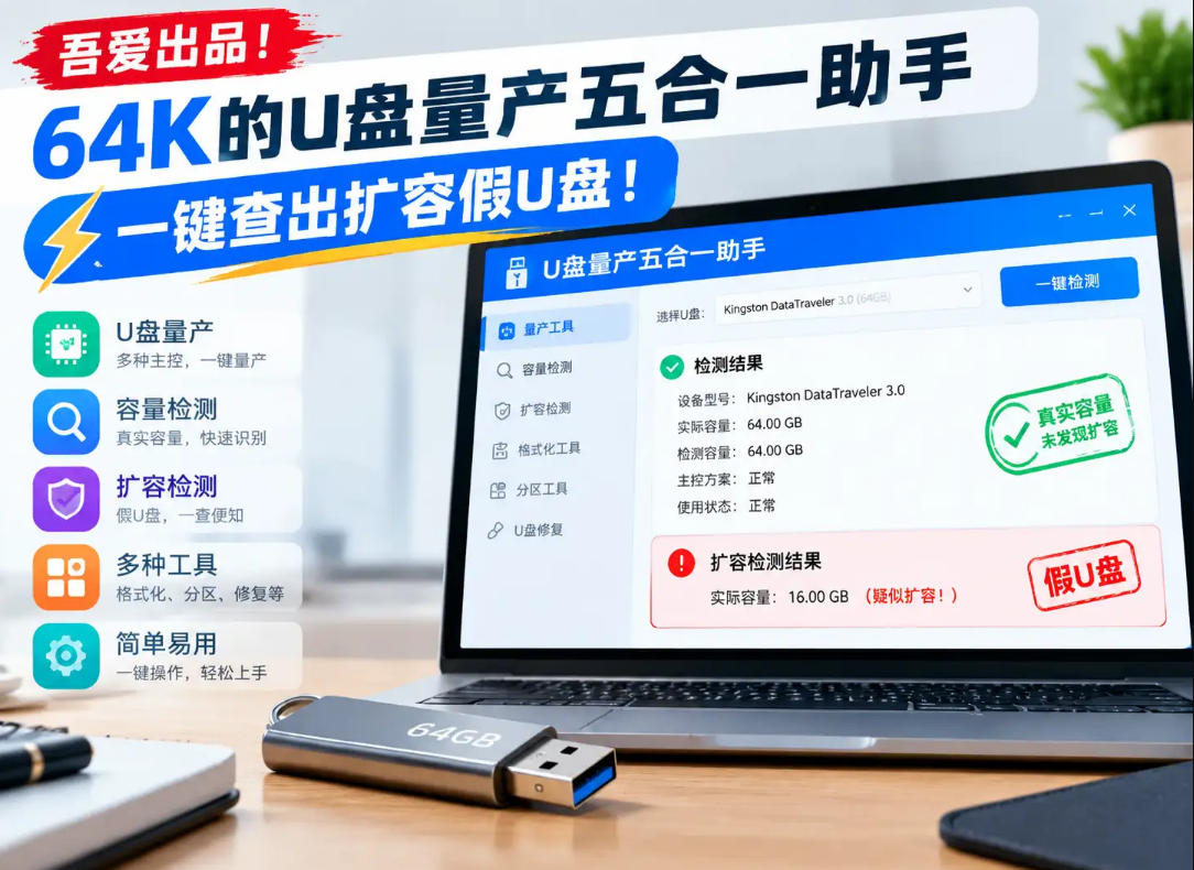 吾爱64K U盘量产五合一助手：一键检测扩容假U盘并修复容量